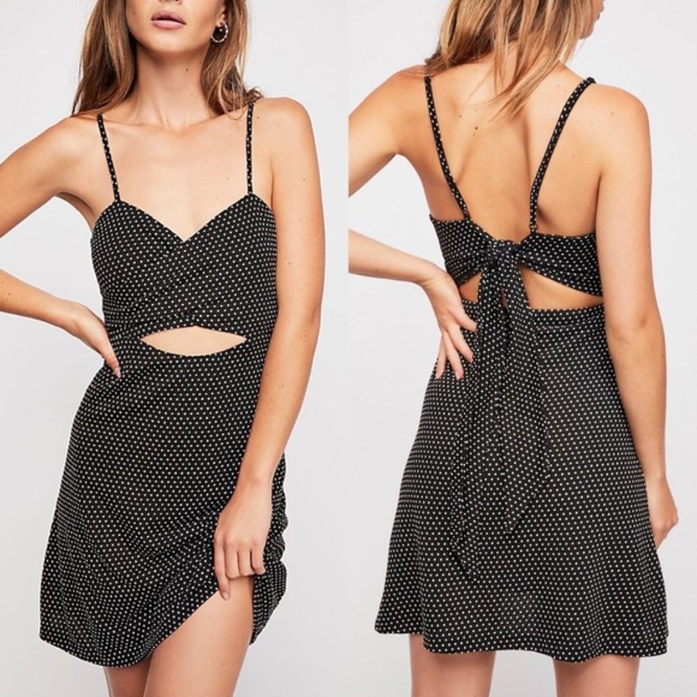 Free People Dottie Mini Dress Black Polka Dot Cutout Size Small S EUC T2197